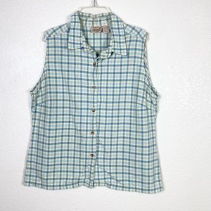 Vintage 90’s Woolrich Blue & Ivory Gingham Plaid Collared Sleeveless Shirt